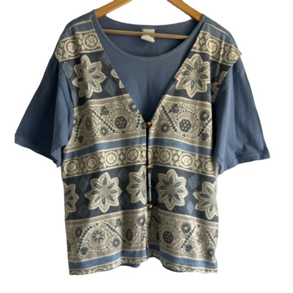 Ease Sport Size Medium Y2K Southwestern T Shirt Turtle Shell Buttons‎ USA